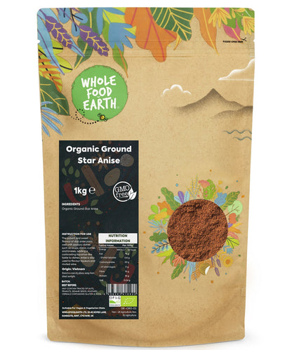 Organic ground star anise from Whole Food Earth, 1kg, showing a close-up of the dark brown, star-shaped spice ground into powder.