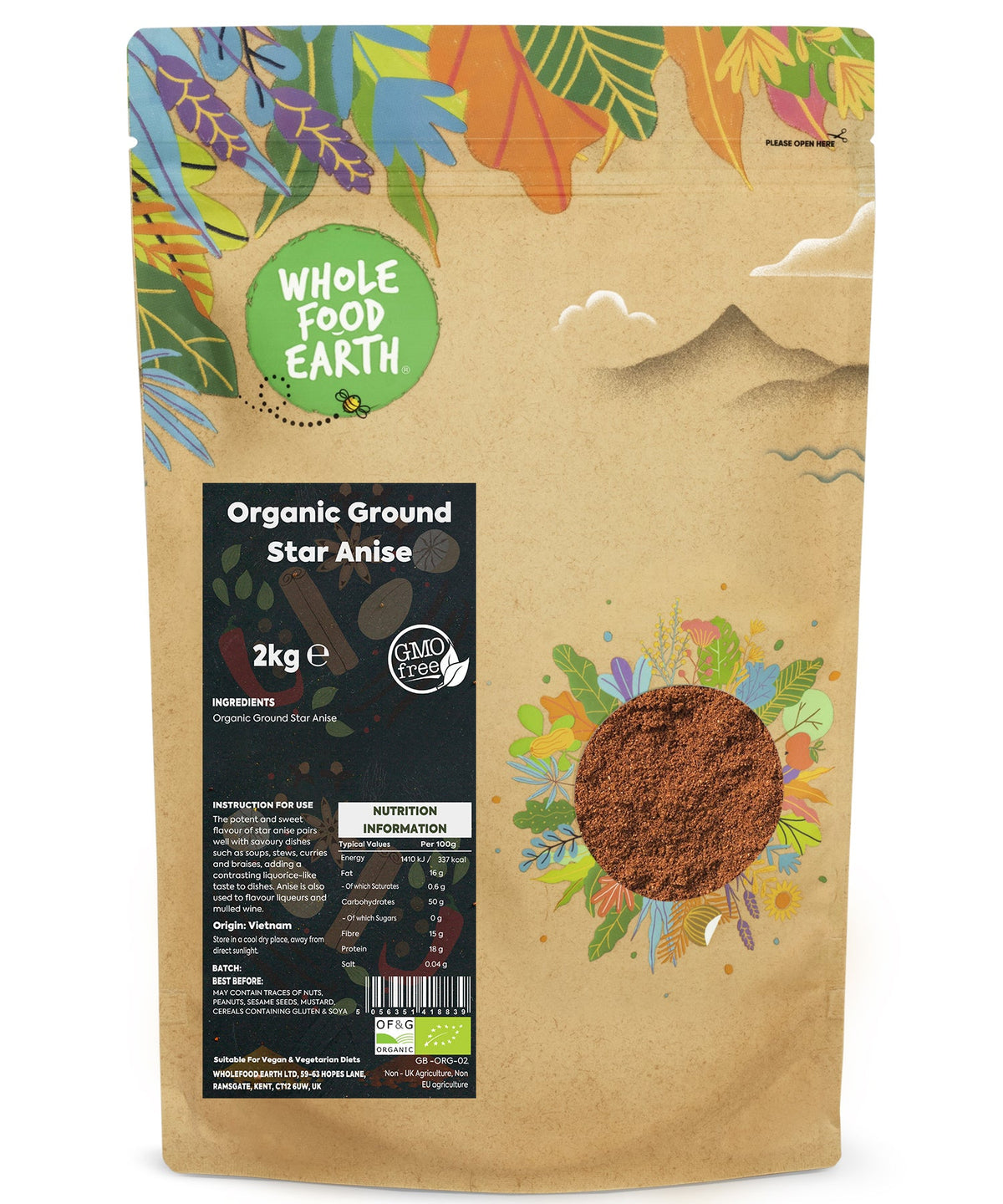 Organic ground star anise spice from Whole Food Earth, showing a close-up of fragrant, dark brown star-shaped spice in a jar.