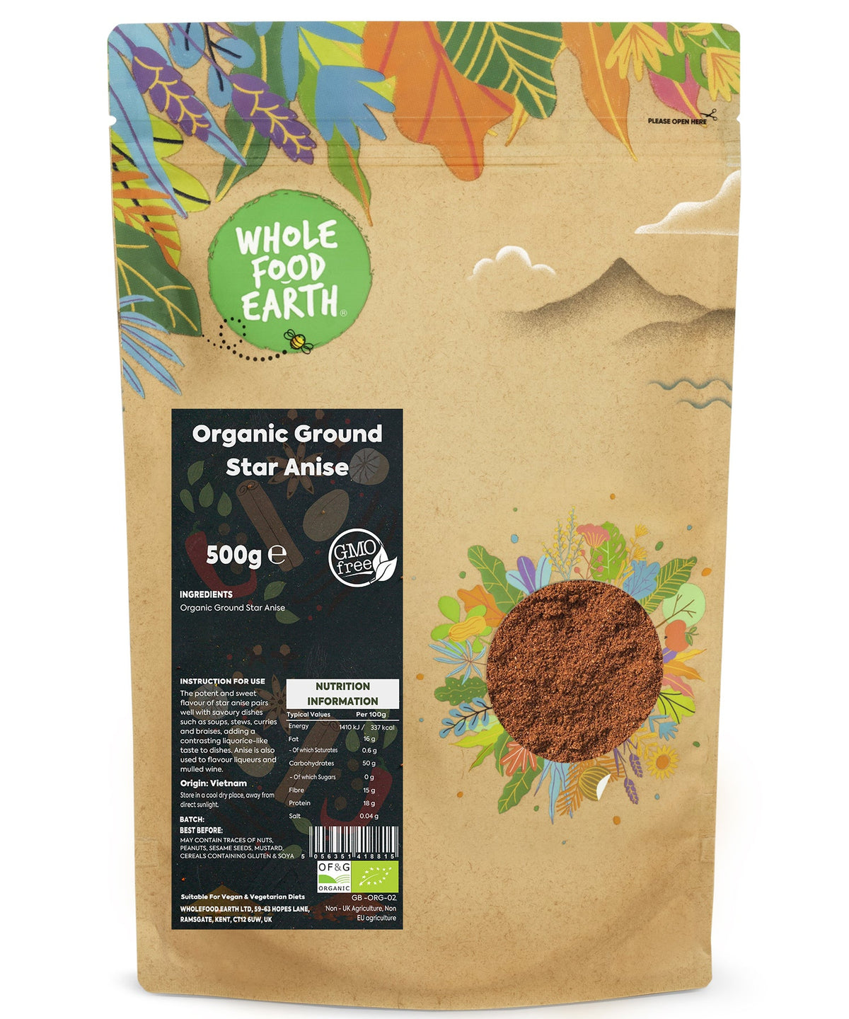Organic Ground Star Anise from Whole Food Earth, 500g, showing golden-brown star-shaped spice in a clear container.