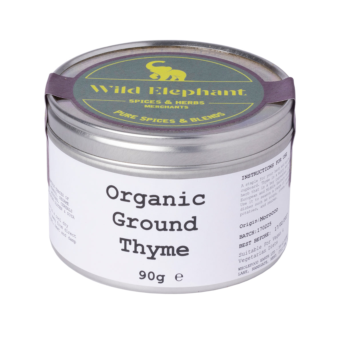 Organic ground thyme from Wild Elephant, 90g, in a clear jar, showcasing fresh, aromatic organic herbs and spice packaging.