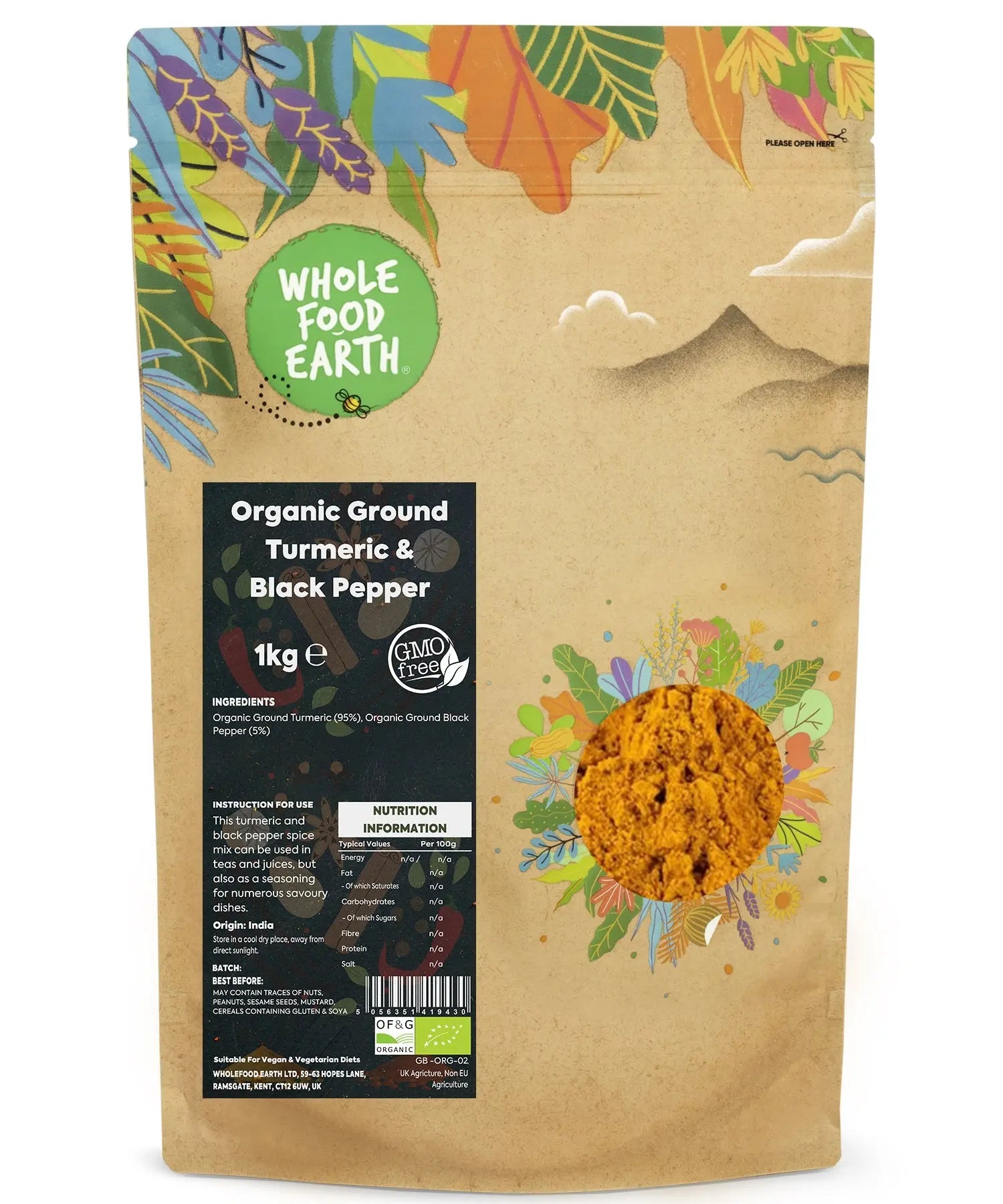 Organic ground turmeric and black pepper herbs and spices in a 1kg package from Whole Food Earth.