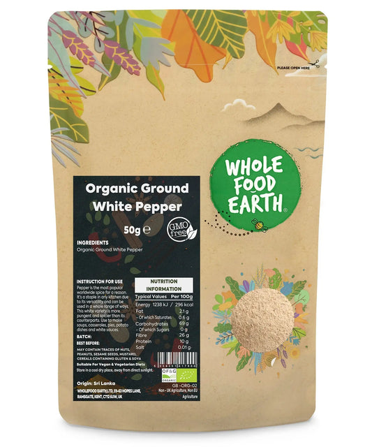 Organic ground white pepper in a 50g jar, part of Whole Food Earth's herbs and spices collection, showcasing fresh white pepper.
