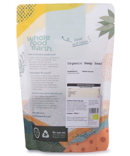 Organic hemp seeds from Whole Food Earth in a 250g package, displayed in a clear bowl with scattered seeds on a white background.