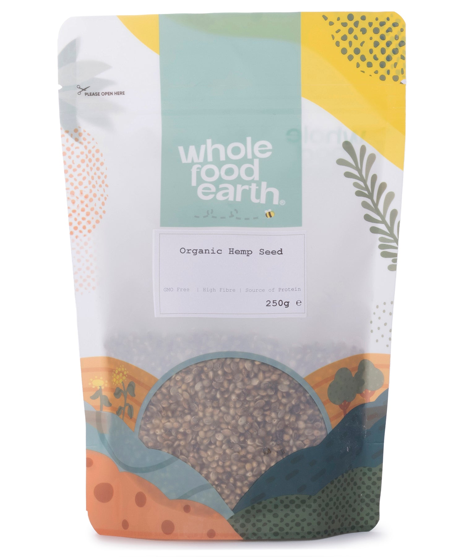 Organic hemp seeds from Whole Food Earth in 250g package, showing small, light green seeds with a natural textured surface.