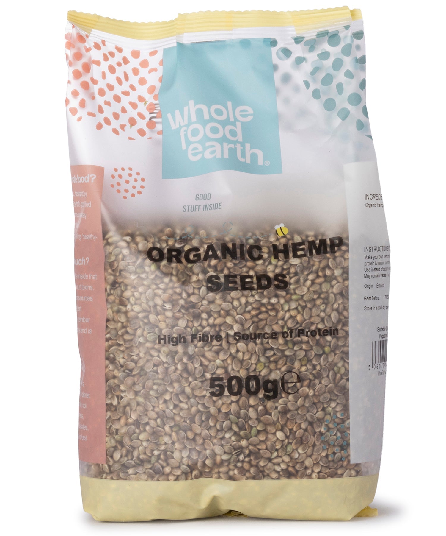 Organic hemp seeds from Whole Food Earth, small 500g bag, showing fresh, green hemp seeds in a clear container.
