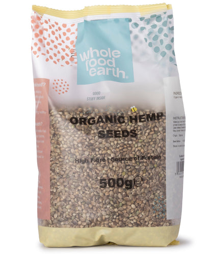 Organic hemp seeds from Whole Food Earth, small 500g bag, showing fresh, green hemp seeds in a clear container.