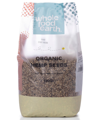 Organic hemp seeds from Whole Food Earth, 1kg package, showcasing the small, green seeds in a natural, fresh state.