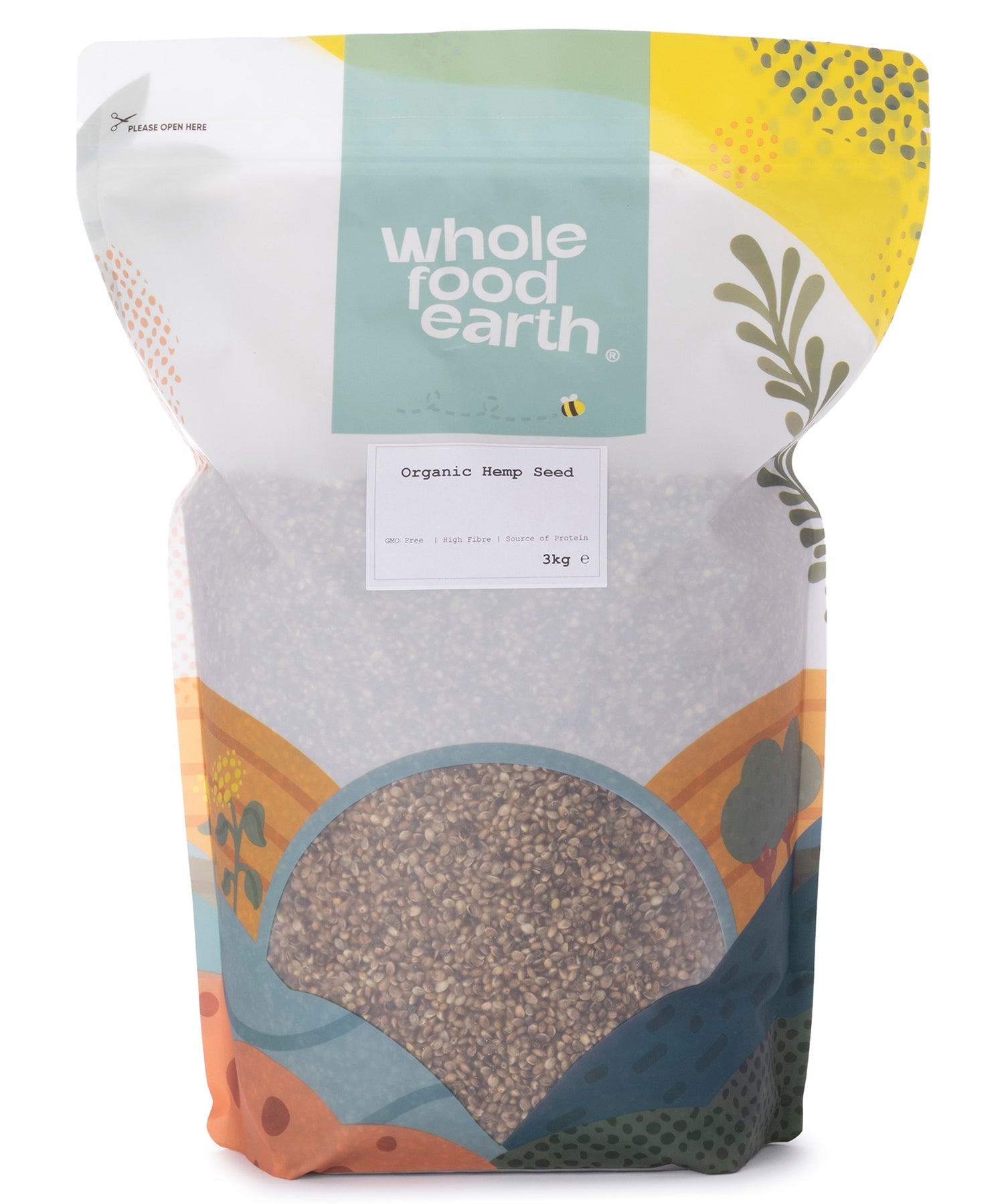 Organic hemp seeds from Whole Food Earth in a 3kg bag, showcasing the small, green seeds used as healthy nuts and seeds.