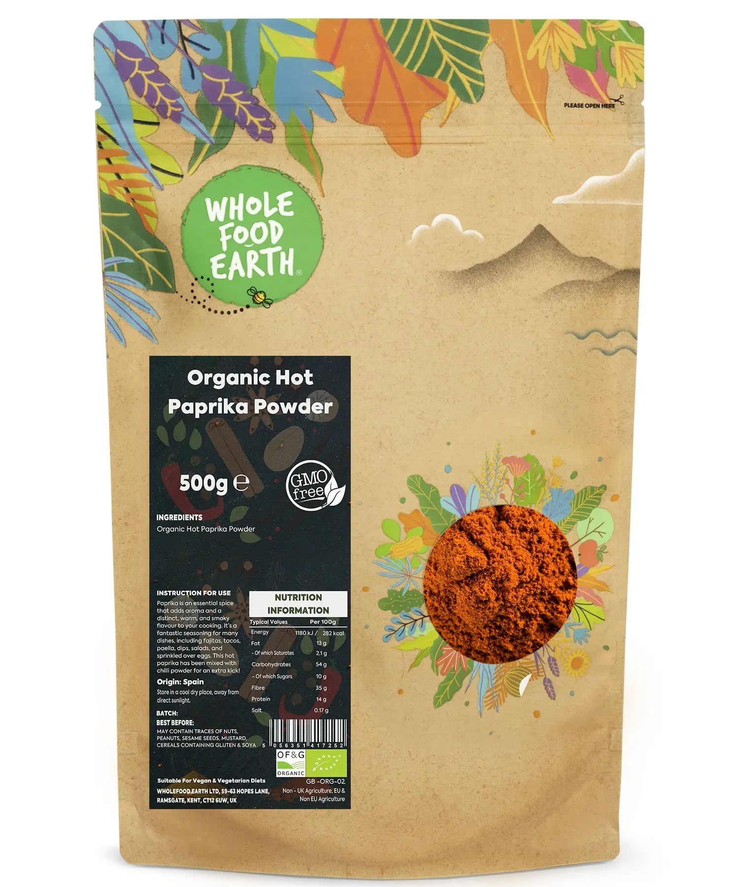 Organic hot paprika powder from Whole Food Earth, vibrant red spice in a 500g container, ideal for adding flavor and heat to dishes.