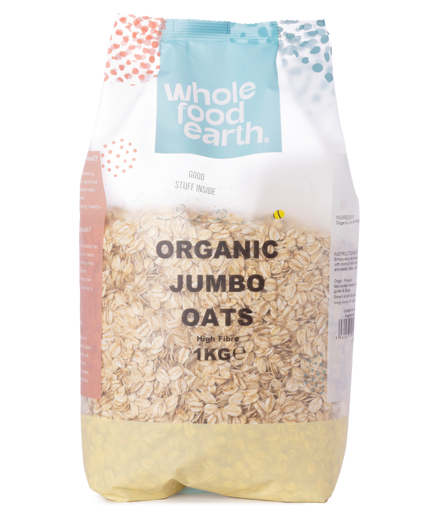 Organic jumbo oats in a clear cereal package from Whole Food Earth, showing the large, rolled oats inside.