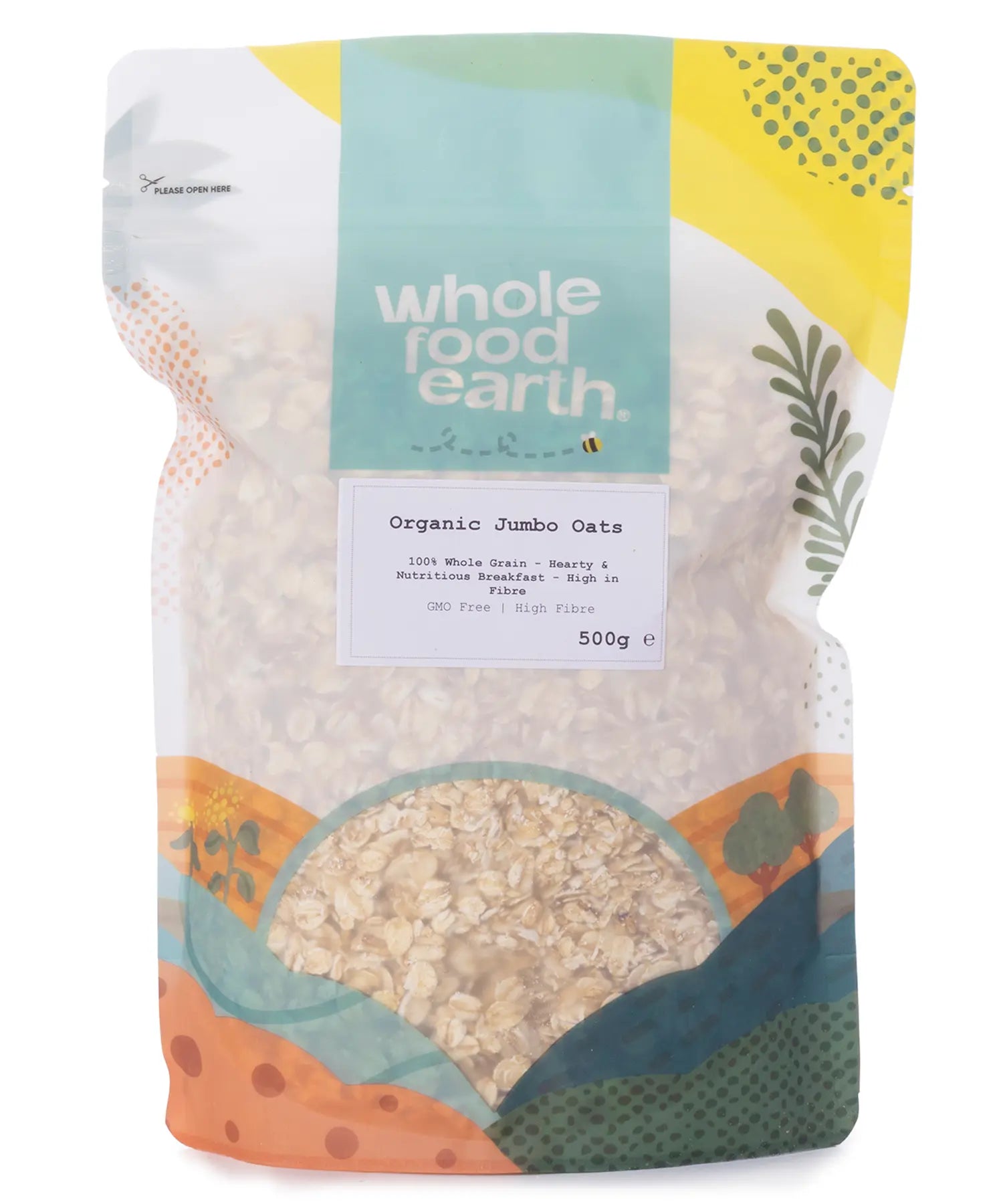 Organic jumbo oats cereal from Whole Food Earth, showing a close-up of the 500g package with textured oats inside.