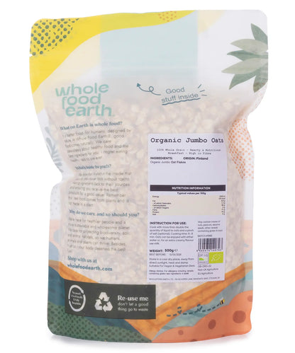 Organic jumbo oats cereal from Whole Food Earth, displayed in a clear bowl showing large, hearty oats.