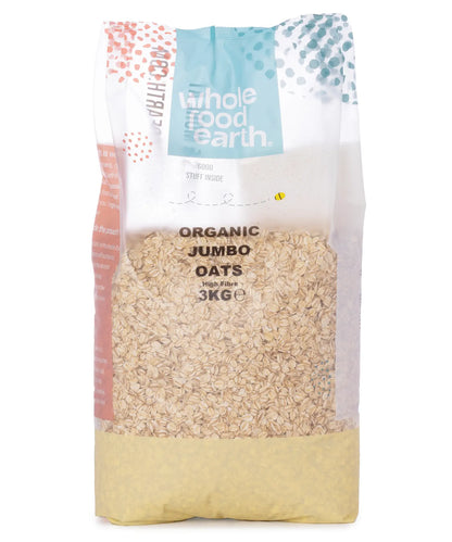 Organic Jumbo Oats cereal in a 3kg package from Whole Food Earth, showing a close-up of the oats with a natural, wholesome appearance.