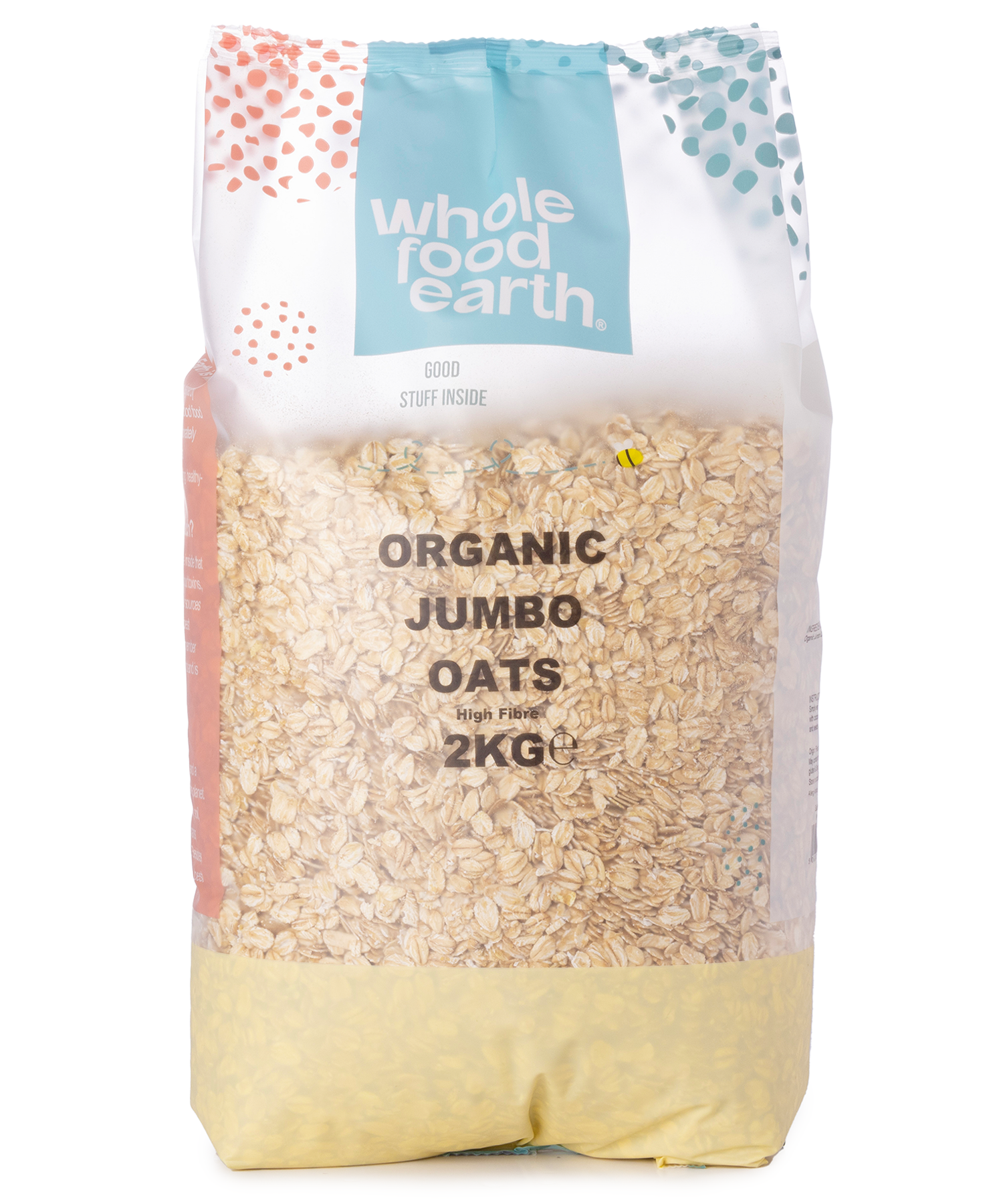 Organic Jumbo Oats cereal in a 2kg package from Whole Food Earth, showcasing the oats in a clear, close-up image.
