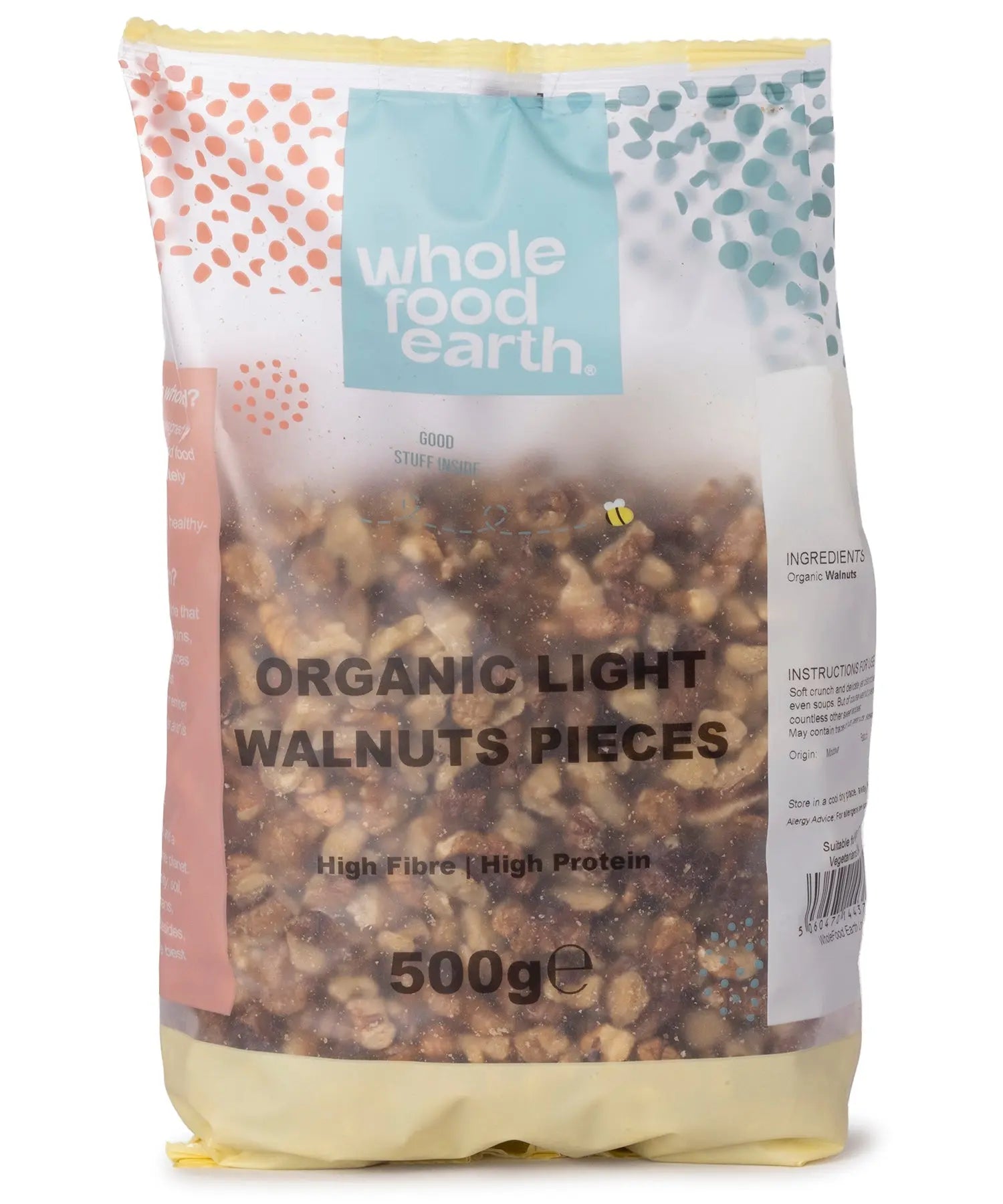 Organic Light Walnuts Pieces from Whole Food Earth, showing a close-up of freshly chopped walnut pieces in a 500g package.