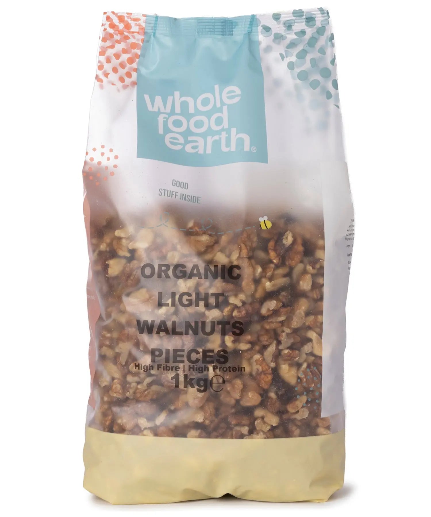 Organic light walnut pieces from Whole Food Earth, raw and chopped walnuts in a 1kg package for baking and snacking.