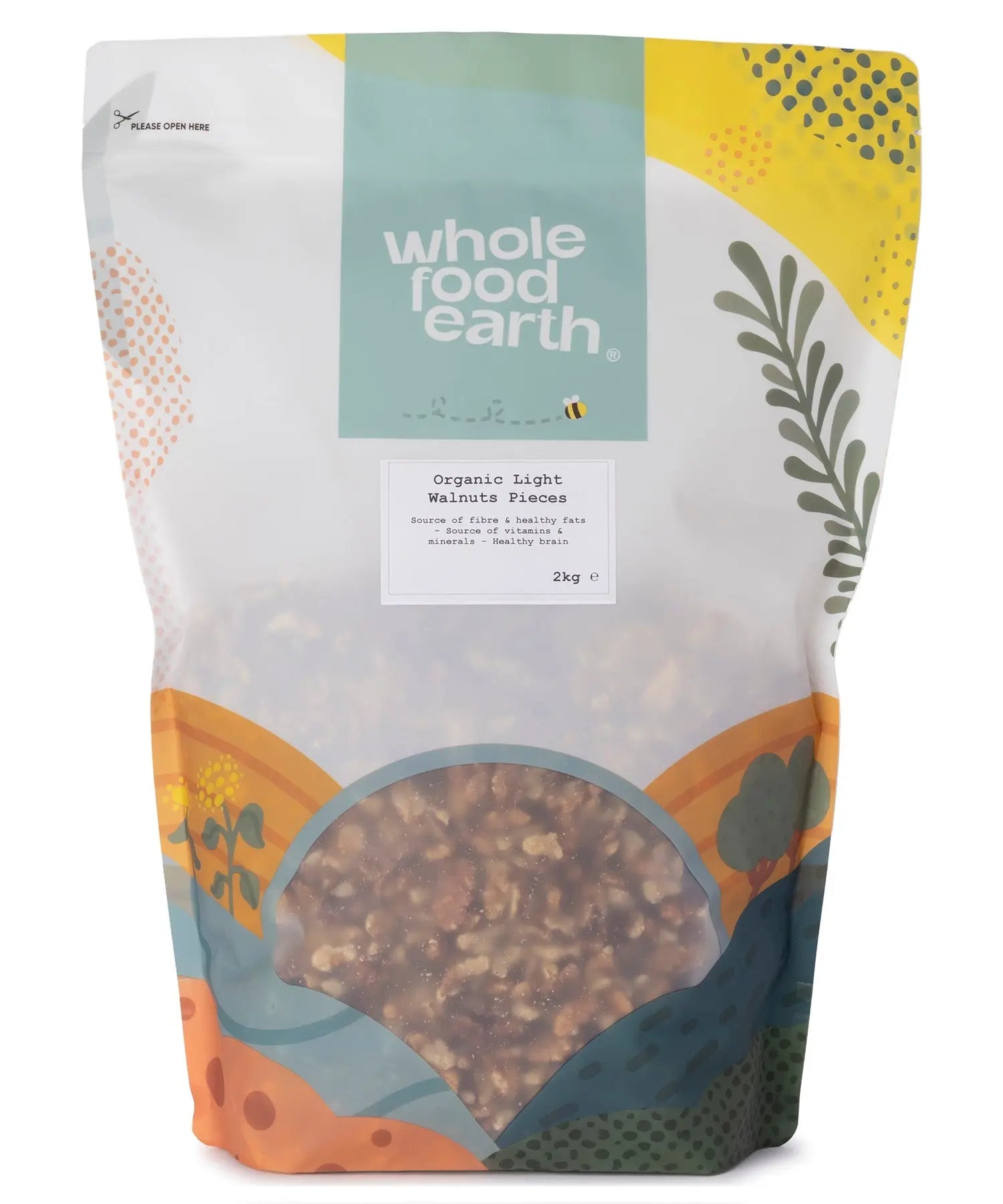 Organic light walnut pieces from Whole Food Earth, showcasing crunchy, fresh walnuts in 2kg package, ideal for snacking or baking.