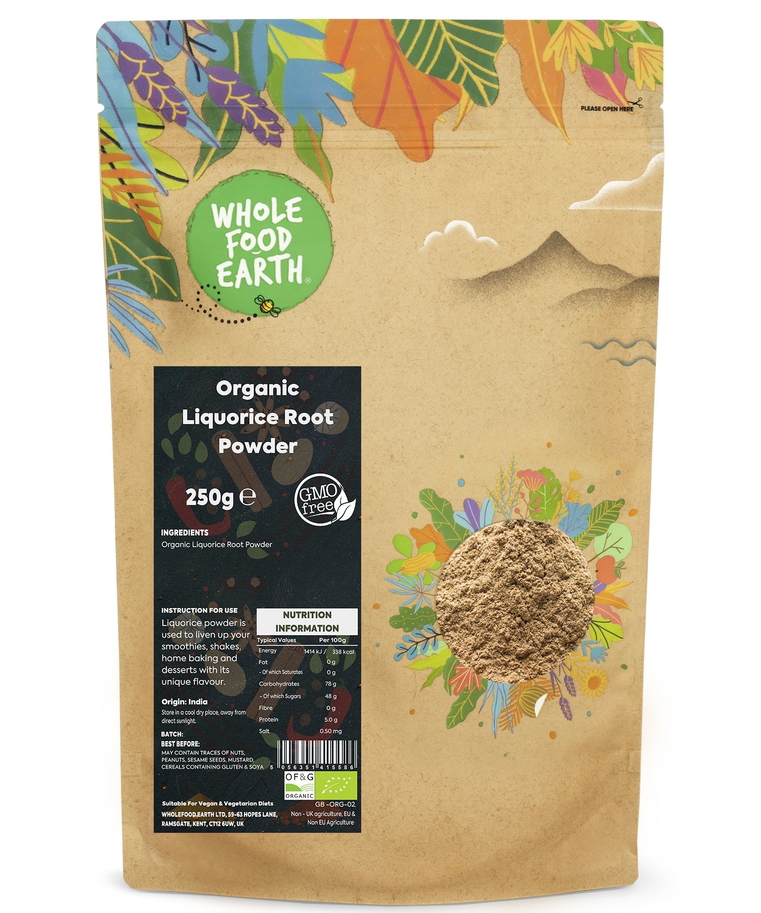 Organic liquorice root powder in a 250g package, natural herb and spice from Whole Food Earth for culinary and herbal uses.