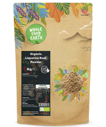 Organic liquorice root powder from Whole Food Earth in a 2kg package, showcasing the fine, brown herbal spice on a white background.