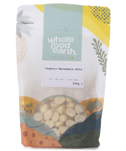 Organic Whole Food Earth macadamia nuts in a 250g package, showing fresh, whole crunchy nuts with a light, natural shell.