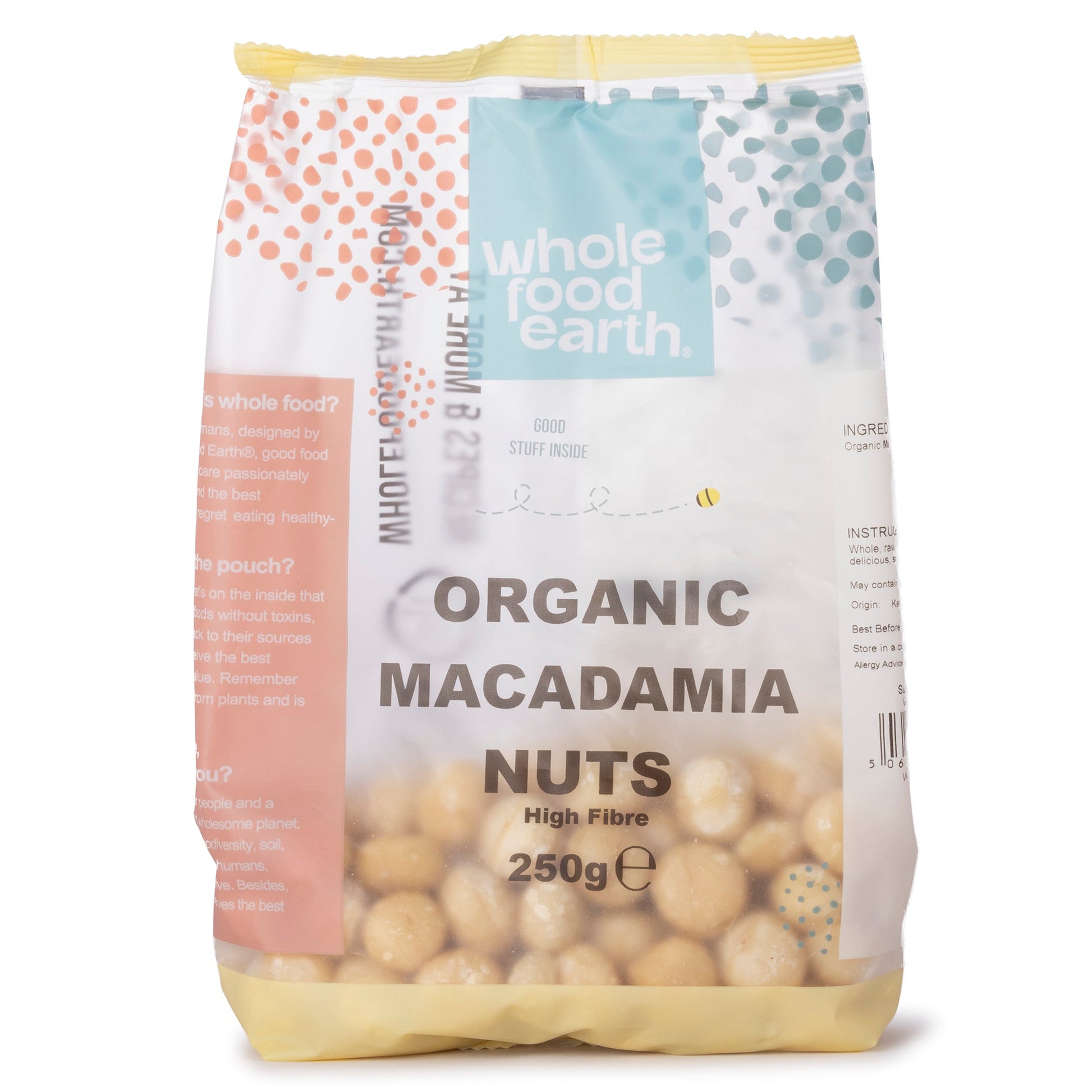Organic macadamia nuts in a 250g package from Whole Food Earth, showcasing whole, crunchy nuts in a natural setting.