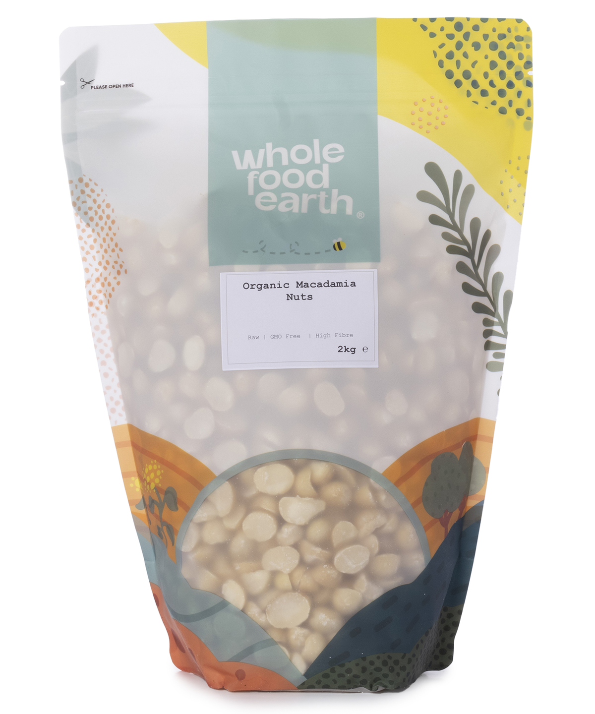Whole Food Earth organic macadamia nuts in 2kg bag, showcasing whole, raw nuts with textured brown shells and creamy interior.