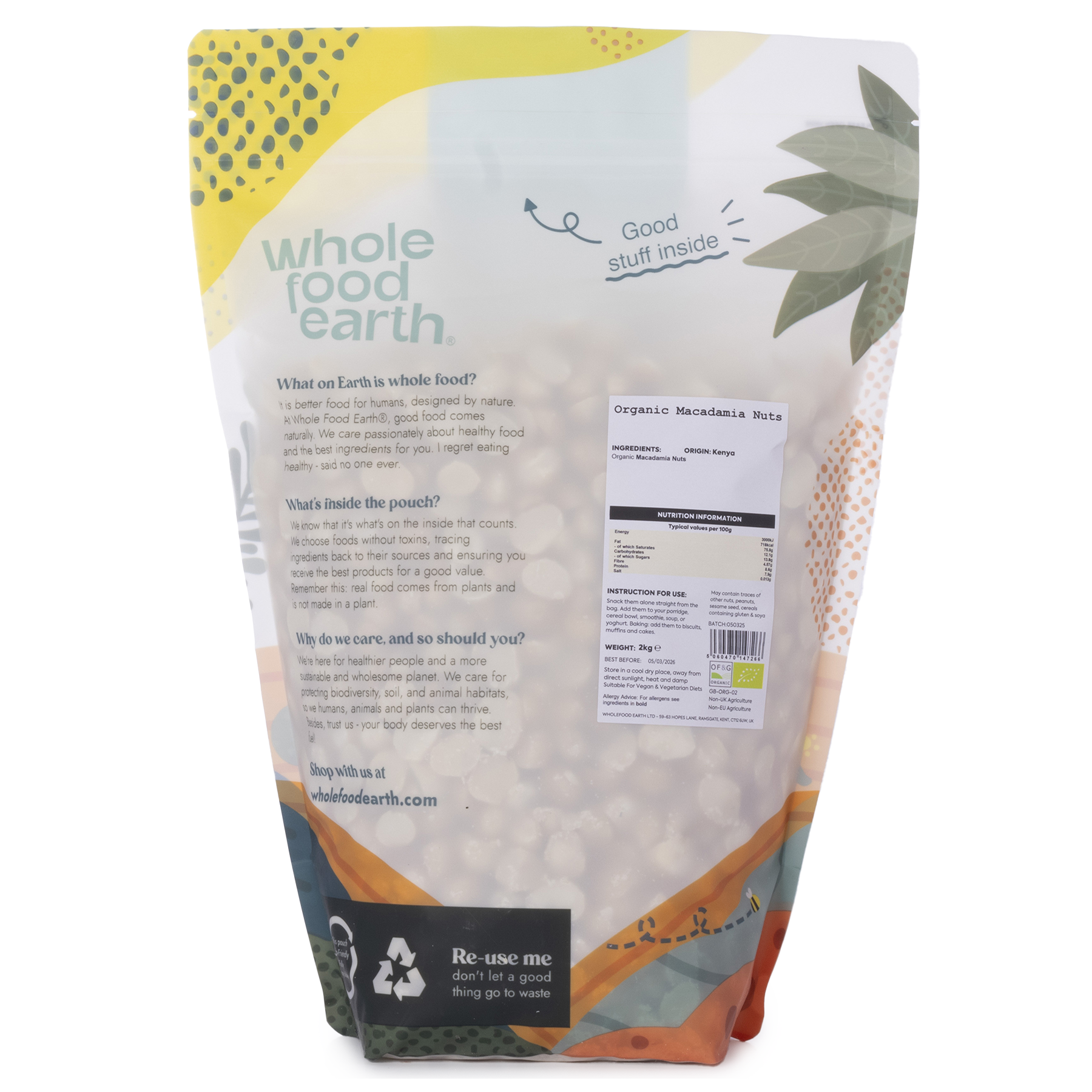 Two kilograms of Whole Food Earth organic macadamia nuts in a clear container, showcasing their creamy, whole nuts.