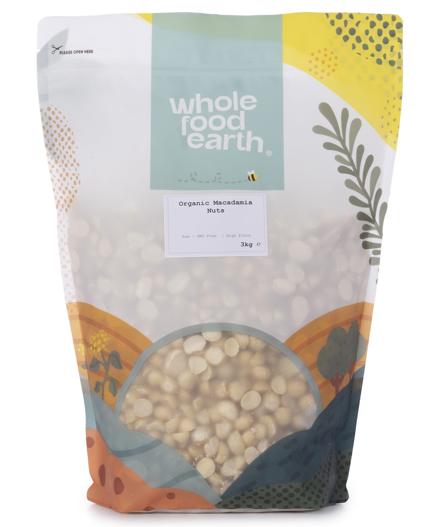 Organic macadamia nuts from Whole Food Earth in a 3kg bag, showing creamy, whole nuts in a natural, unprocessed state.