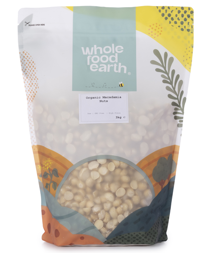 Organic macadamia nuts from Whole Food Earth in a 3kg bag, showing creamy, whole nuts in a natural, unprocessed state.