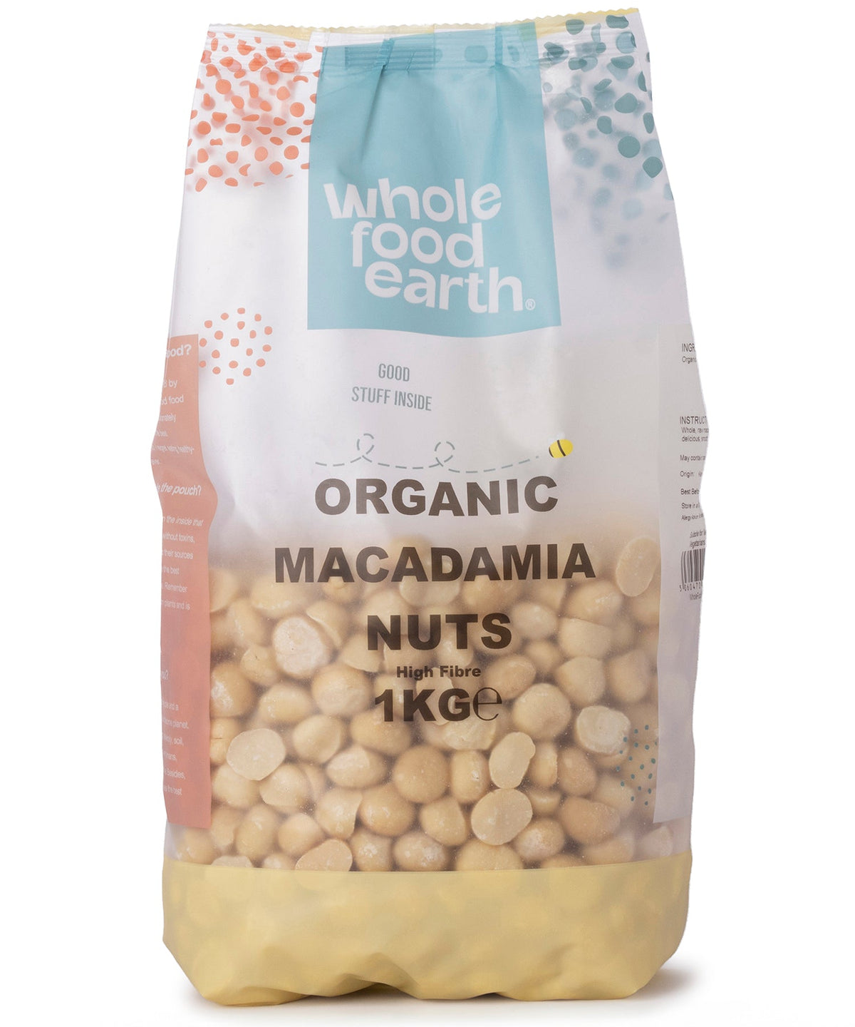 Whole Food Earth organic macadamia nuts in a 1kg package, showing whole, raw, creamy nuts in a clear container.