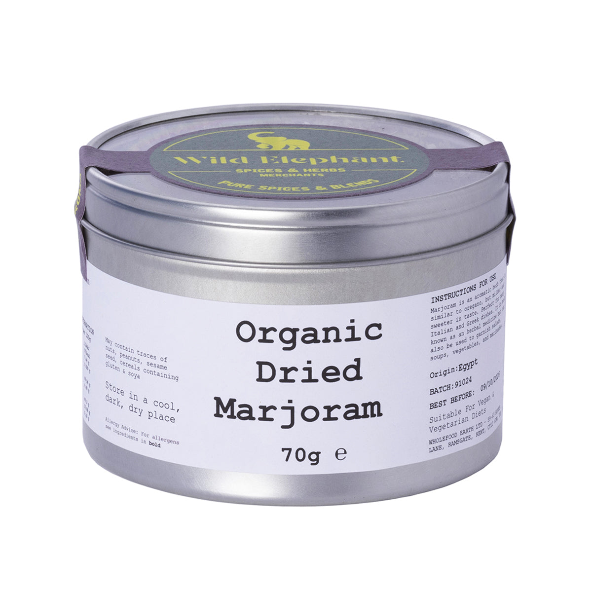Organic dried marjoram herb from Whole Food Earth, showing fresh green leaves and dried herbs in a 70g package.