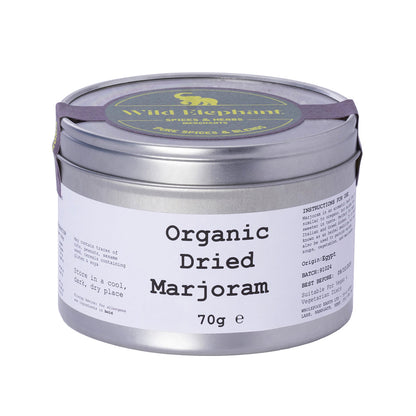 Organic dried marjoram herb from Whole Food Earth, showing fresh green leaves and dried herbs in a 70g package.