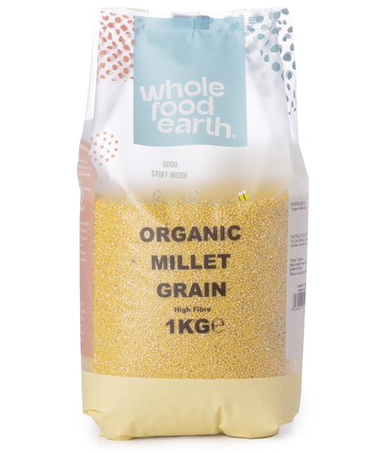 Organic millet grain from Whole Food Earth, showing a close-up of golden millet kernels in a 1kg package.