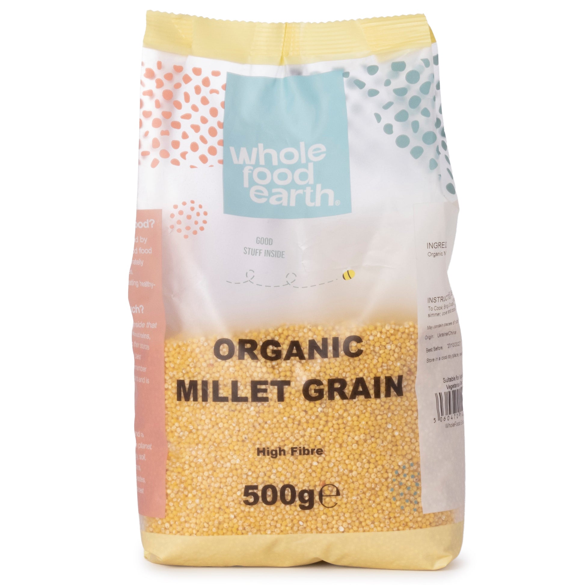 Organic millet grain in a clear bag, showing small, round yellow millet grains from Whole Food Earth, 500g package.