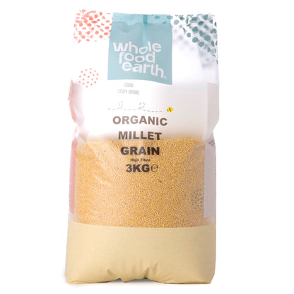 Organic millet grain in a 3kg bag from Whole Food Earth, showcasing small, yellow millet kernels suitable for cooking and baking.
