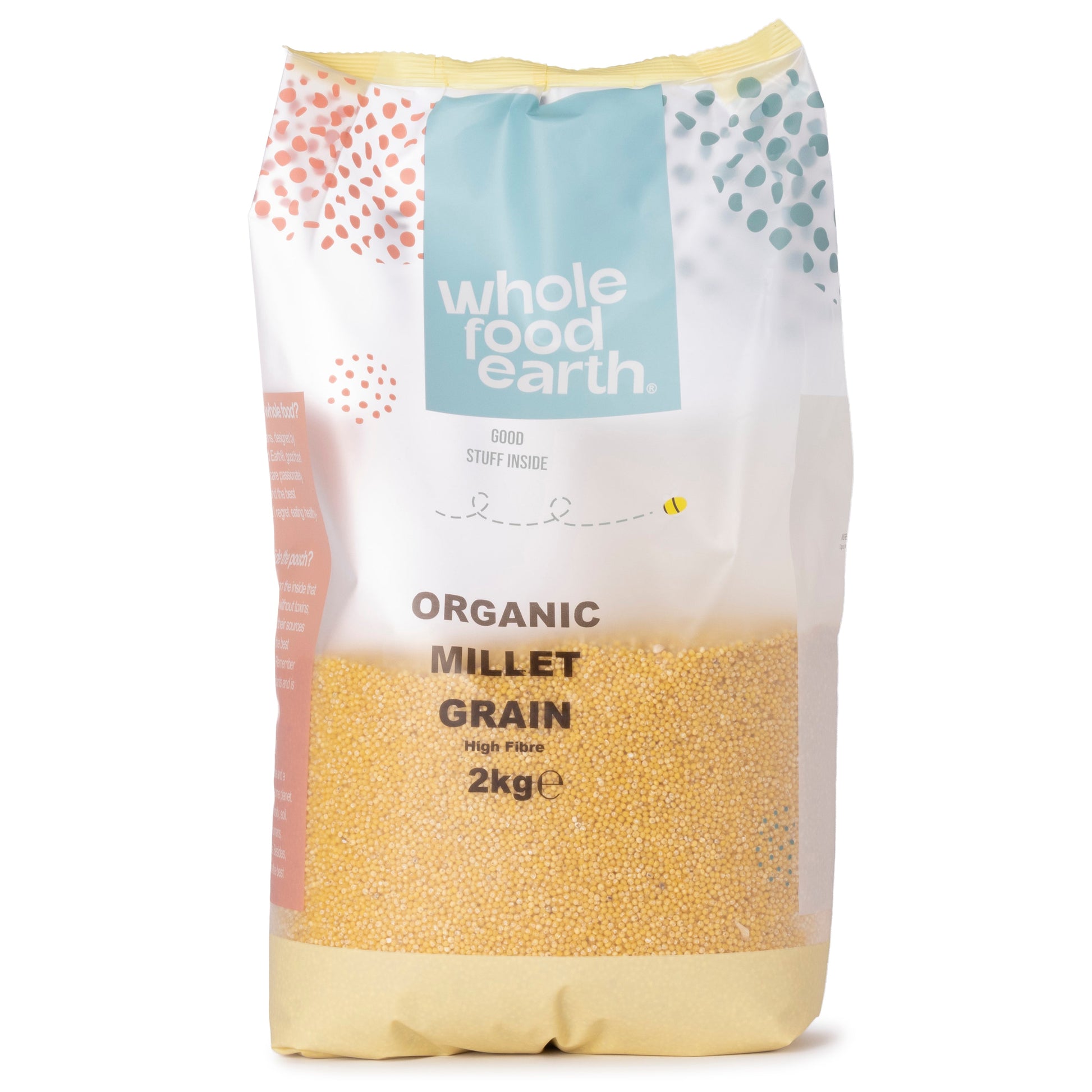 Organic millet grain from Whole Food Earth, 2kg bag, showing golden millet seeds in a clear view.