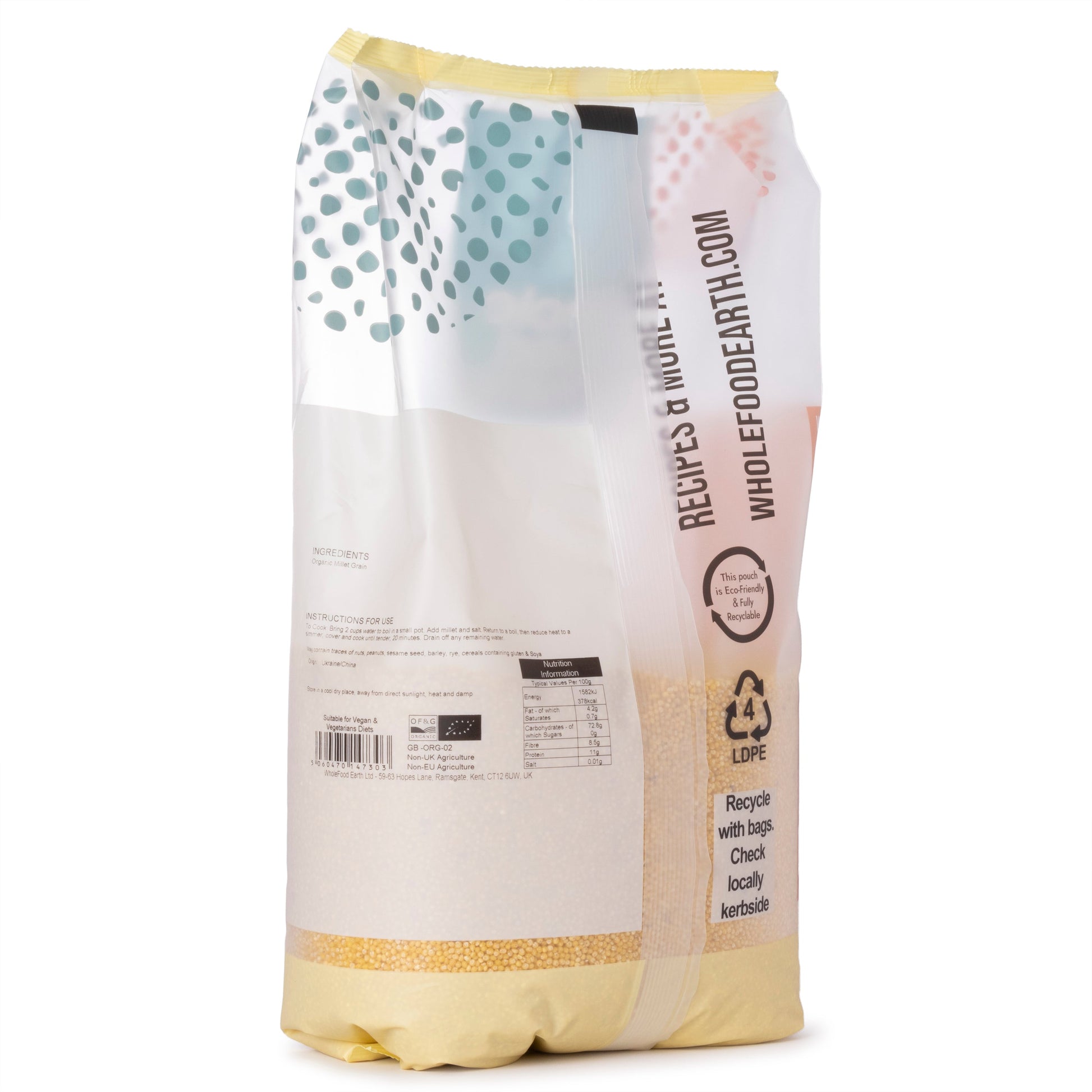 Organic millet grain from Whole Food Earth, showing a close-up of light yellow millet seeds in a 2kg bag.