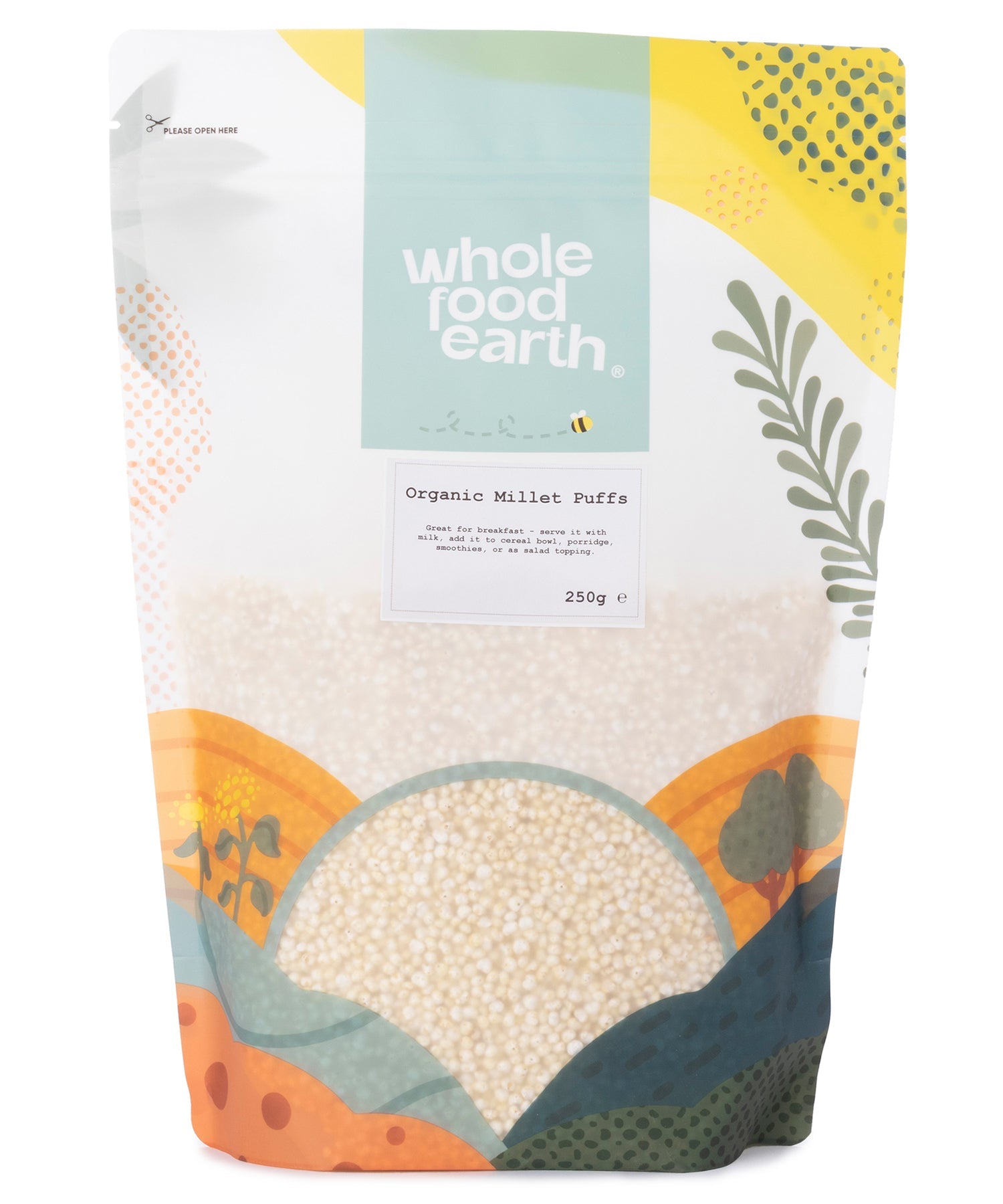 Organic millet puffs from Whole Food Earth, showing light, airy cereal grains in a close-up shot.