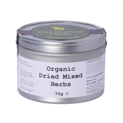 Organic dried mixed herbs from Whole Food Earth, wild elephant blend in a 70g package, ideal for seasoning and cooking.