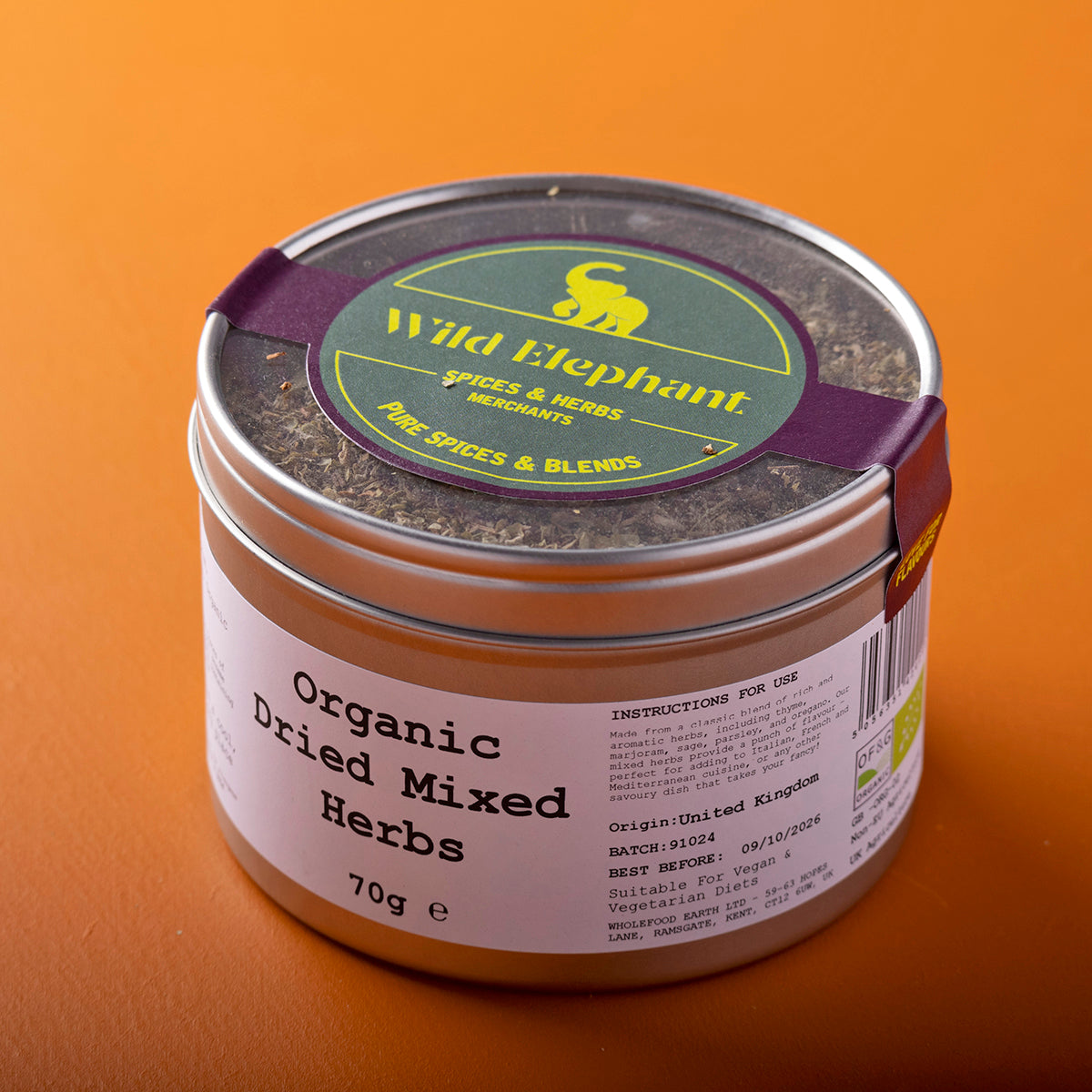 Organic dried mixed herbs from Whole Food Earth, featuring wild elephant blend in a 70g package, ideal for cooking and seasoning.