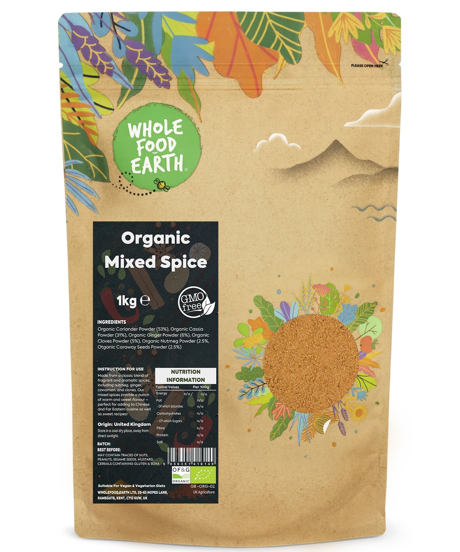 Whole Food Earth organic mixed spice in a 1kg bag, showcasing a colorful blend of herbs and spices for cooking and seasoning