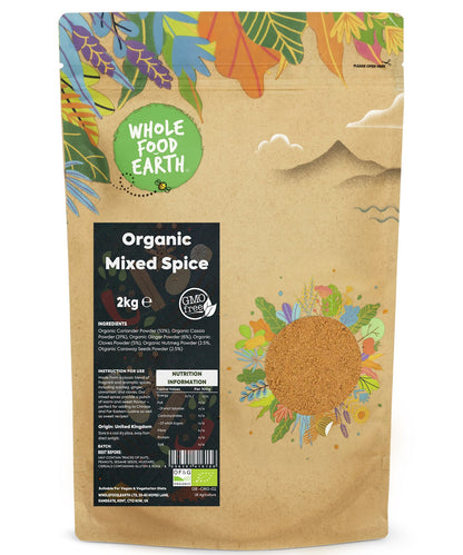 Organic mixed spice blend from Whole Food Earth, 2kg bag of assorted herbs and spices for cooking and seasoning.