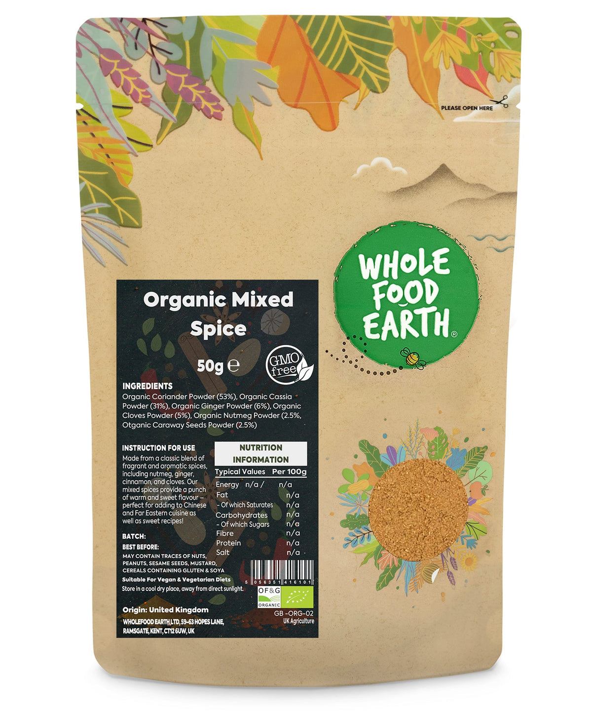 Organic mixed spice from Whole Food Earth, herbs and spices blend in a 50g container, fresh and aromatic for cooking.