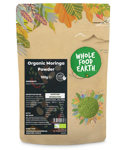Organic Moringa Powder from Whole Food Earth, 100g, in a clear container showing vibrant green powder, herbs and spices product.