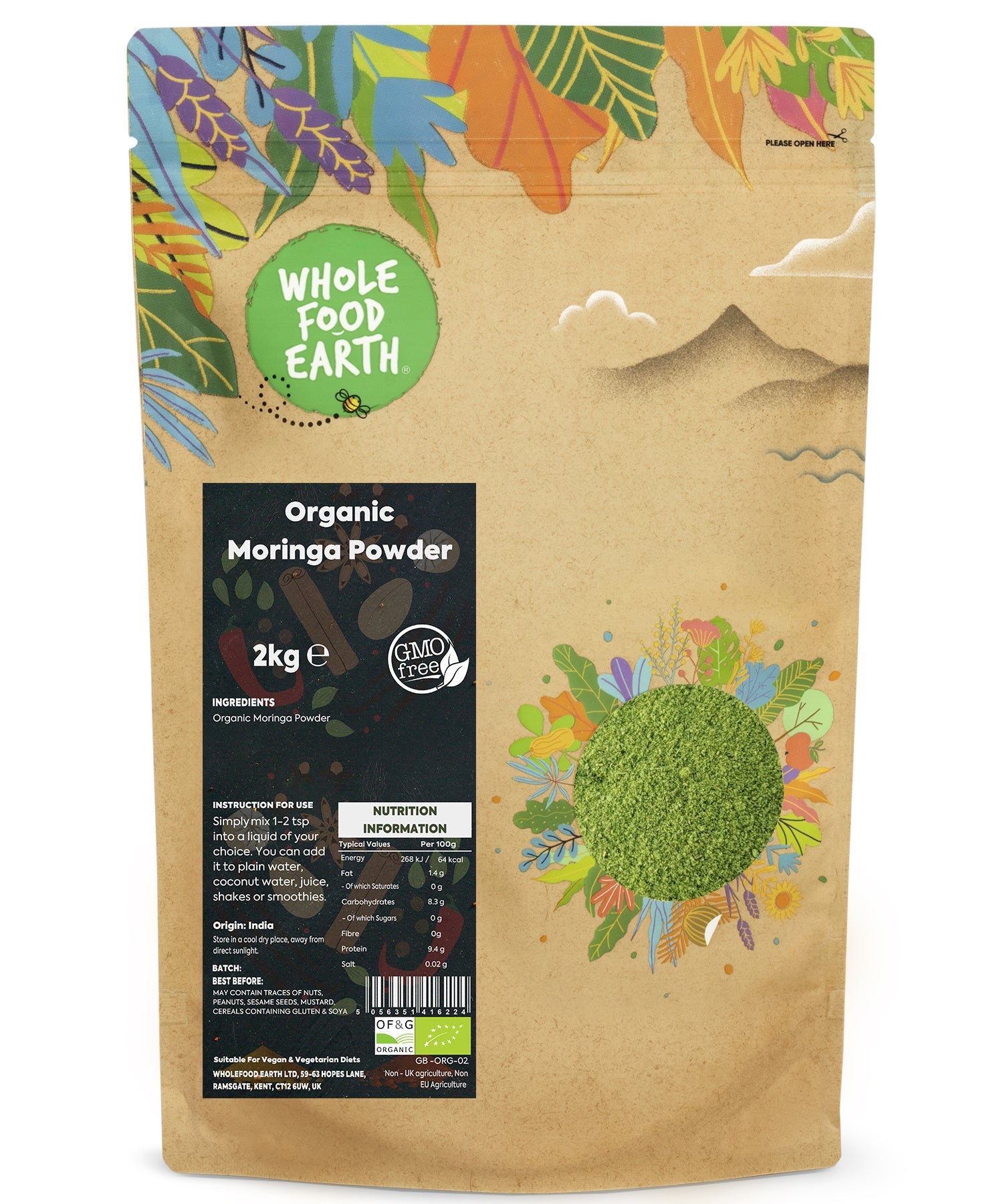 Organic Moringa Powder from Whole Food Earth in a 2kg bag, showing vibrant green powdered herb for health and wellness.