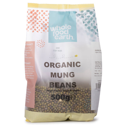 Organic mung beans from Whole Food Earth, small green beans in a clear bag, suitable for cooking and healthy meals.