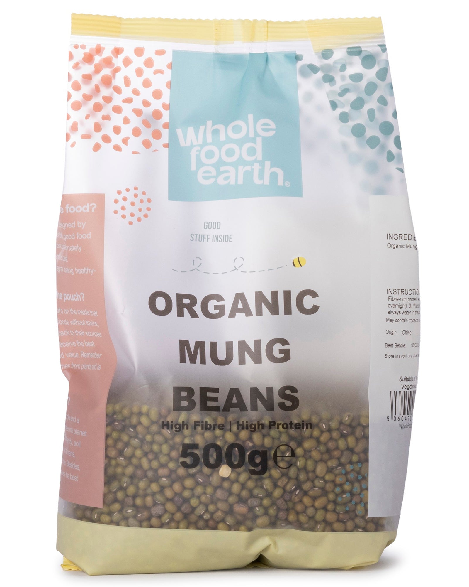 Organic mung beans from Whole Food Earth, small green beans in a clear bowl, showcasing fresh and natural pulses.