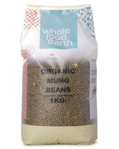 Organic mung beans in a clear container, showing small green beans from Whole Food Earth, ideal for cooking and healthy meals.