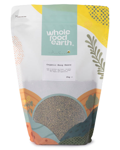 Organic Mung Beans from Whole Food Earth, 2kg, showing fresh green mung beans in a clear bag.