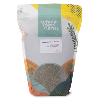 Organic mung beans from Whole Food Earth, showing a close-up of fresh green beans in a 3kg package.